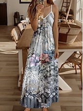 economico Abiti floreali-Per donna Vestito maxi Prendisole Abito linea A vestito a flori Abito estivo Informale fluente Da mare Informale Giornaliero Standard Floreale Pop art Senza maniche A V Grigio Estate Primavera