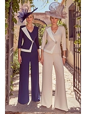 cheap Mom&#039;s Pant Suits-Pink Two Piece Pantsuits Mother of the Bride  Elegant Vintage V Neck Floor Length Stretch Fabric 3/4 Length Sleeve with Pearls Color Block  Race Day Dress