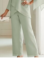 preiswerte Overalls für Mütter-Strandhochzeit Zweiteilig Jumpsuit  Hosenanzug Mutter der Braut Hochzeitsgast Elegant Einfach Rundhals Knöchellang Chiffon Langarm mit Knöpfen einfarbig kostenlose Maßanfertigung