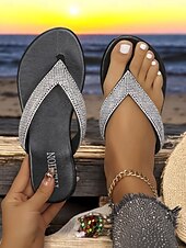olcso Nyári szandálok-női strasszokkal díszített flip flop szandál – stílusos és kényelmes alkalmi szandál nyárra, strandra és nyaralásra