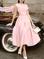 abordables Robes de cocktail-Robe de plage A-Line Robes cocktail Élégante Robe Invité de mariage Longueur thé Sans manches Col chauve-souris Tissu extensible avec volants Robes