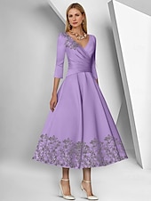 preiswerte Bodenlänge-A-Linie Kleid Strandhochzeit Brautmutterkleid Elegant Einfach V-Ausschnitt Knöchellänge Tee-Länge Satin 3/4-Länge Ärmel mit Spitze geraffte Pailletten Derby Kleid Renntag Kleid 2025