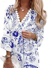 economico Abiti da vacanza-Per donna Mini abito Abito casual Abito linea A Moda Informale Da mare Giornaliero Standard Floreale Manica a 3/4 A V Bianco Blu reale Blu Verde Estate