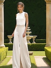 voordelige bruiloft jumpsuits/broekpak-Bruidsjurken Jumpsuits Off Schouder Mouwloos Vloerlengte Rekbaar Stof Bruidsjumpsuit met Kant Bovenkant Effen Kleur