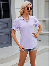 cheap Lace Tops-Women&#039;s Boho T-shirt Plain Bohemia Cute Stylish Short Sleeve Puff Sleeve V Neck Shirt Collar Regular Tops Daily Going out Weekend Ruffle Eyelet Sage Green Black White Pink Wine Summer