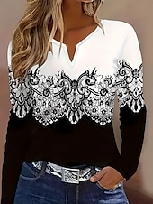 billige Boho t-skjorte-Dame T skjorte Grafisk Fargeblokk Fritid Langermet Hals med hakk Vanlige topper Daglig Trykt mønster Svart Vår Høst