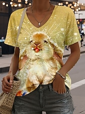 abordables T-shirt de Pâques-Pâques Femme T shirt Animal mode Décontractées Manche Courte Col V Hauts réguliers du quotidien Imprimer Jaune Eté Printemps