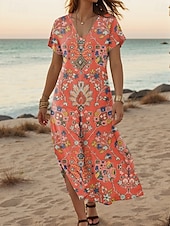 ieftine Rochii boho-Pentru femei Rochie Maxi Rochie casual Rochie A line Stilat Casual Vacanță Zilnic Fit regulat Floral Manșon scurt În V Portocaliu Primăvară Toamnă