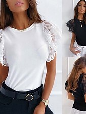 お買い得  レーストップ-女性用 レーススプライシングトップ セクシー ノースリーブ クルーネック レギュラートップス オフホワイト ブラック 夏 春