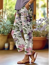 ieftine pantaloni cu picior drept-Pantaloni din bumbac și in pentru femei pantaloni baggy asemănători cu in modă stradală lungime completă talie înaltă imprimeu floral grafic termic cald respirabil moale micro-elastic exterior zilnic