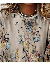 billiga Blommig t-shirt-Kvinnors T-shirt Crew Neck Långärmad Tunika Blommig Djur Växter Casual Regula Toppar Daglig Utgång Helg Tryck Khaki