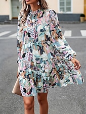 cheap Casual Floral Dresses-Women&#039;s Mini Dress Casual Dress A Line Dress Stylish Casual Vacation Daily Regular Fit Floral Long Sleeve Stand Collar Green Apricot Summer