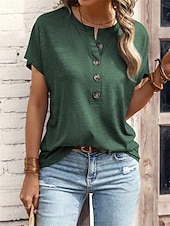 ieftine tricou simplu-Pentru femei Tricou Simplu Modă Modern Casual Manșon scurt În V Topuri obișnuite Zilnic Sfârșit de săptămână Peteci Nasturi Roz Îmbujorat Albastru piscină Maro Trifoi Vară Primăvară