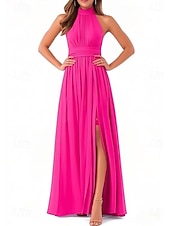 abordables Robes de demoiselle d&#039;honneur-Robe de demoiselle d&#039;honneur A-Line col halter manches courtes élégante longueur de sol chiffon avec plis  fente avant  fronces