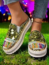 levne Pohodlné sandály-dámské zlaté flitrové tenisky na platformě mules – třpytivé slip-on boty s vyšívanými detaily pro festivaly, párty a street fashion