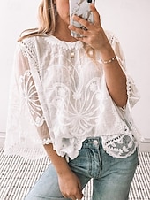economico Top eleganti-Per donna Camicia Camicia in pizzo Top con cuciture in pizzo Blusa Tinta unica Elegante Moda Informale Mezza manica Maniche ad aletta Girocollo Top regolari Invitati del matrimonio Giornaliero Per