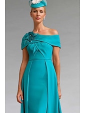 abordables Robes de cocktail-Robe de cocktail A-Line Robe élégante Formelle Mariage Longueur aux chevilles À manches courtes Une épaule Satin avec Fleur d&#039;épaule Robes