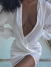 voordelige Eenvoudige jurk-Dames Mini Jurk Wikkel Jurk Bandage Jurk Casual Vakantie Werk Straat Reguliere Pasvorm Grafisch Korte Mouw V-hals Wit Zomer