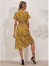 billiga Eleganta blommiga klänningar-Dam Midiklänning Vardagsklänning Swingklänning A linjeklänning Stylish Ledigt Semester Dagligen Normal Blommig Kortärmad V-hals Svart Vit Gul Rodnande Rosa Sommar