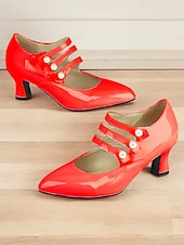 preiswerte 1930er Jahre-Damen-Pumps aus Lackleder im Mary-Jane-Stil – Vintage-Pumps mit mittelhohem Absatz und Perlenriemen, elegante Schuhe für Hochzeiten und formelle Anlässe