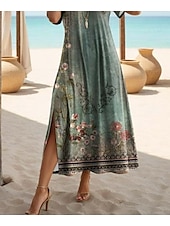 abordables Robes Boho-Robe maxi femme Robe décontractée Robe décontractée Quotidienne Ajustement ample Géométrique Manches courtes Col ras du cou Sauge Vert Été