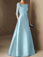 abordables BLEU-Robe de soirée A-Line élégante robe de fiançailles formelle soirée longueur sol manches demi épaule dénudée invité de mariage en chiffon avec fronces