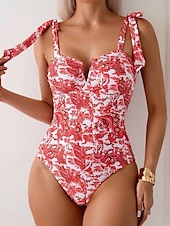 billiga One-piece-baddräkter-Dam Badkläder En bit Monokini Baddräkt Öppen rygg Magkontroll Hög midja Smal Semester Standkläder Blommig V-slits Ärmlös Baddräkter