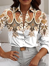 cheap Boho Tops-Women&#039;s Shirt Paisley Casual Long Sleeve Shirt Collar Regular Tops Work Daily Buttons Print Red Blue Orange Spring Fall Winter