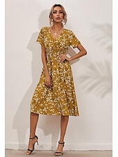billiga Eleganta blommiga klänningar-Dam Midiklänning Vardagsklänning Swingklänning A linjeklänning Stylish Ledigt Semester Dagligen Normal Blommig Kortärmad V-hals Svart Vit Gul Rodnande Rosa Sommar