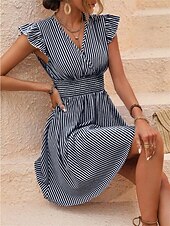 ieftine Rochii Business-Pentru femei Rochie Mini Rochie casual Rochie A line Stilat Casual Vacanță Casual Zilnic Fit regulat Dunga Manșon scurt În V Negru Albastru celest Vară