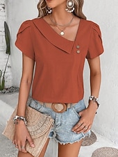 abordables Blusas Sencillas-Mujer Camisa de verano Camisa casual Blusa Botones Color sólido Elegante Casual Manga Corta Escote en Pico Tops regulares Diario Playa Festivos Negro Rojo Azul Marino Verde Trébol Albaricoque Verano
