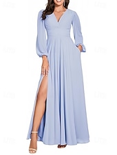 baratos Vestidos para Madrinhas-Linha A Vestido de Madrinha Decote V Manga Longa Elegante Longo Chiffon com Fenda Frontal / Franzido 2022