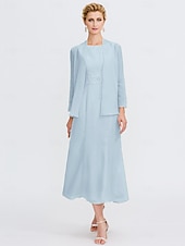 voordelige Met Jas-Strand Bruiloft Twee Delige Sheath Moeder van de Bruid Jurk Bruids Gast Elegante Plus Size Edelsteenhals Thee Lengte Chiffon Mouwloos Wrap Inbegrepen met Ceintuur  Riem Plooien Beading 2025