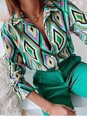 economico Top a Righe e Geometrici per Donne-Camicia da donna basic neon e bottoni geometrici stampa maniche lunghe top regolare colletto casual blu marrone verde primavera autunno