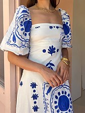 tanie Sukienki boho-Damskie Długa sukienka sukienka maxi Codzienne sukienki Letnie sukienki Sukienka Boho Moda Latarnia rękawem Na zewnątrz Święto Randka Regularny Geometryczny Krótki rękaw Z odsłoniętymi ramionami