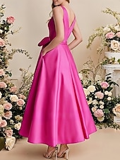 preiswerte Brautjungfernkleider-A-Linie Brautjungfernkleid V-Ausschnitt Ärmellos Elegant Knöchellänge Satin mit Schleife(n)  Falten