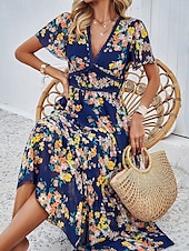 preiswerte Blumenkleid-Damen Midi Kleid Korsett Kleid A-Linien Kleid Sommer Kleid Urlaub Urlaub Täglicher Regular Fit Floral Kurzarm V-Ausschnitt Rot Marineblau Grün Aprikose Sommer