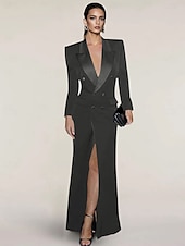 cheap Floor Length-Blazer Dress Mermaid / Trumpet Evening Gown Elegant Dress Pinstripe Tuxedo Dress Zipper Up Wedding Guest Formal Floor Length Long Sleeve Peak lapel collar Satin with Pocket 2025