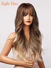 baratos Perucas Sintéticas sem Touca-peruca marrom claro com franja longa ombre perucas onduladas para mulheres brancas, cabelo sintético branco acinzentado resistente ao calor, natural melhores perucas para halloween/natal/cosplay/festa