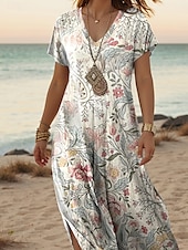 abordables Robes Boho-Femmes Robe maxi Robe Décontractée Robe trapèze Élégant Occasionnel Vacances Quotidien Coupe régulière Fleuri Manche Courte Col en V Blanche Printemps Automne