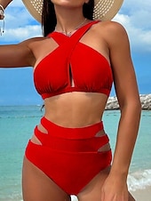 billiga Bikiniset-Dam Badkläder Bikini 2 st Kalsonger Baddräkt Öppen rygg Smal Semester Standkläder Ensfärgat Halterneck Ärmlös Baddräkter