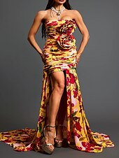 preiswerte Abendkleider-Meerjungfrau-/Trumpet-Abendkleid Partykleid Abendveranstaltung Black Tie Gala Gericht Bahnen ärmellos schulterfrei Chiffon rückenfrei mit Blumenmuster Schlitz Hochzeitsgast-Kleid
