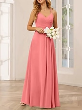 baratos Vestidos para Madrinhas-Linha A Vestido de Madrinha Decote V / Com Alças Finas Sem Manga Elegante Longo Chiffon / Elastano com Cruzado / Pregueado / Franzido 2022