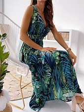 abordables Robes de vacances-Femme Robe Maxi Robe casual mode Décontractées Vacances Casual du quotidien Standard Graphic Sans Manches Col V Noir Blanche Bleu Vert Eté Printemps