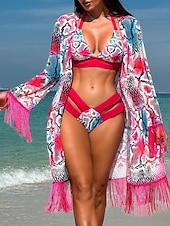 billiga Bikiniset i 3 delar-Dam Badkläder Bikini Tre delar Kaxig Baddräkt Öppen rygg Smal Semester Standkläder Löv Halterneck Ärmlös Baddräkter