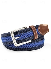 cheap Men&#039;s Belts-Men&#039;s Woven Braided Belt – Stylish and Durable Blue and Beige Design with Leather Accents, Adjustable and Comfortable for Casual or Formal Occasions