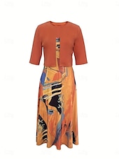 cheap Dress Sets-Women&#039;s Midi Dress Casual Dress Dress Set Swing Dress A Line Dress Stylish Casual Vacation Daily Regular Fit Graphic Half Sleeve V Neck Pink Blue Fuchsia Orange Summer