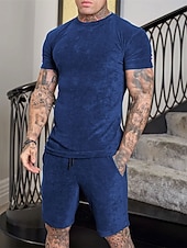 baratos Conjuntos de Camisas para Homem-Homens Conjunto de treino Moletom Camiseta e shorts Conjunto Conjunto de roupas Gola Redonda Ao ar livre Diário Esportes Bolsos Com Cordão 2 Peças Côr Sólida Vermelho Vinho Azul Royal Verde Poliéster