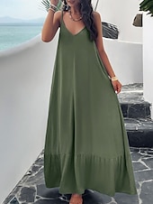 preiswerte Einfaches Kleid-Damen Maxi Kleid Strandkleid Slip Kleid Urlaub Strandurlaub Unifarben Lässig Täglich Lockere Passform Grafik Ärmellos Träger Schwarz Rot Himmelblau Grün Sommer