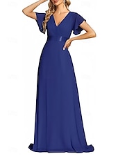 baratos Vestidos para Madrinhas-vestido de dama de honra linha a decote em v manga curta elegante comprimento até o chão chiffon com faixa / fita / franzido 2025